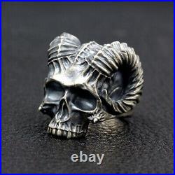 Satan Horn Devil 925 sterling silver heavy biker A skull with a goat's horn ring