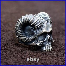 Satan Horn Devil 925 sterling silver heavy biker A skull with a goat's horn ring