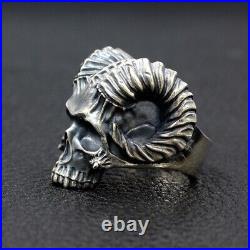 Satan Horn Devil 925 sterling silver heavy biker A skull with a goat's horn ring