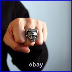 Satan Horn Devil 925 sterling silver heavy biker A skull with a goat's horn ring