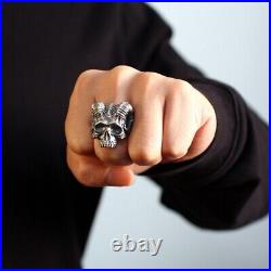 Satan Horn Devil 925 sterling silver heavy biker A skull with a goat's horn ring