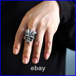 Satan Horn Devil 925 sterling silver heavy biker A skull with a goat's horn ring