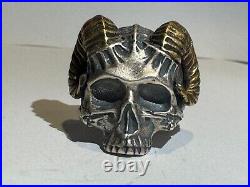 Satan Horn Devil 925 sterling silver heavy biker A skull with a goat's horn ring