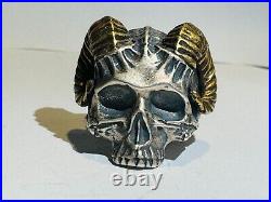 Satan Horn Devil 925 sterling silver heavy biker A skull with a goat's horn ring