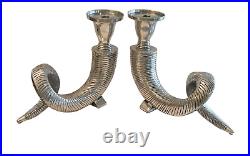 Set 0f 2 Large Ram Horn Shofar Metal Pillar Candle Holder Candlestick Silver 10