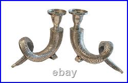 Set 0f 2 Large Ram Horn Shofar Metal Pillar Candle Holder Candlestick Silver 10