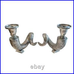 Set 0f 2 Large Ram Horn Shofar Metal Pillar Candle Holder Candlestick Silver 10