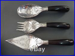 Set Of Indonesian Silver Serving Fork Spoon And Slice, With Buffalo Horn Handles