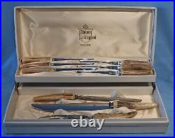 Sheffield England stag horn antler handles boxed carving set with steak knives