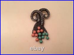 Signed Napier Horns of Plenty Sterling Silver Brooch with aqua and coral stones