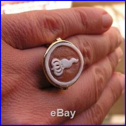 Silver Gold Ring with Large Shell Cameo on Unusual Lucky horn Setting, size 7