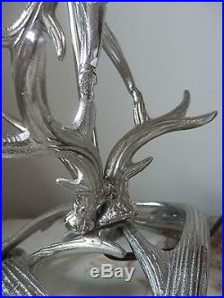 Silver Nickel Stag Antler Horn Table Lamp Light With Linen Shade