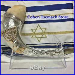 Silver Plated Rams Horn Shofar with Menorah Knesset Stand