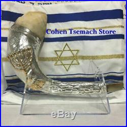Silver Plated Rams Horn Shofar with Menorah Knesset Stand