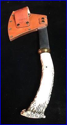 Silver Stag Antler Horned Stag Handle Hatchet With Sheath Custom Estate Rare