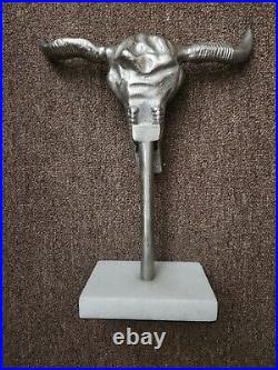 Silver toned metal bull / cow skull with horns table top decoration stone base