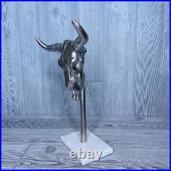 Silver toned metal bull / cow skull with horns table top decoration stone base