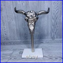 Silver toned metal bull / cow skull with horns table top decoration stone base