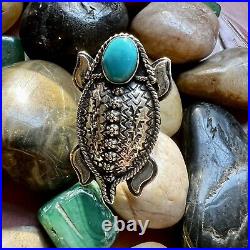 Southwestern 925 Horned Toad Ring With Kingman Turquoise Size 7.75