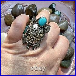 Southwestern 925 Horned Toad Ring With Kingman Turquoise Size 7.75