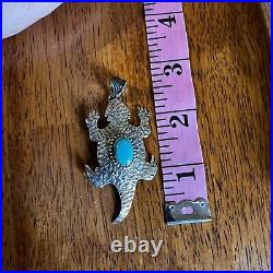 Southwestern 925 Sterling Horned Toad Pendant With Kingman Turquoise