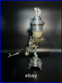 Splendid Antique Silver Plate Horn Cornucopia Liquor set with 6 glasses, 1880s