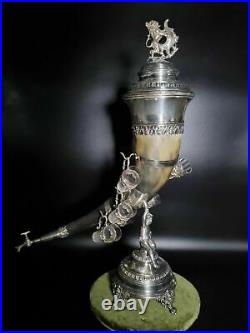 Splendid Antique Silver Plate Horn Cornucopia Liquor set with 6 glasses, 1880s