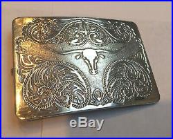 Sterling Silver Western Style Belt Buckle with Long Horn Steer