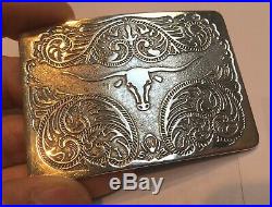 Sterling Silver Western Style Belt Buckle with Long Horn Steer