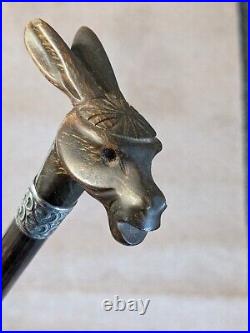 Stunning Antique Rabbit Horn Carved Walking Cane With Silver Collar London C1905