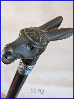 Stunning Antique Rabbit Horn Carved Walking Cane With Silver Collar London C1905