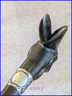 Stunning Antique Rabbit Horn Carved Walking Cane With Silver Collar London C1905