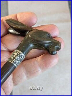 Stunning Antique Rabbit Horn Carved Walking Cane With Silver Collar London C1905