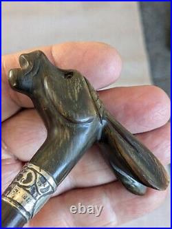 Stunning Antique Rabbit Horn Carved Walking Cane With Silver Collar London C1905