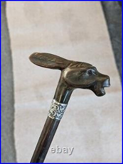 Stunning Antique Rabbit Horn Carved Walking Cane With Silver Collar London C1905