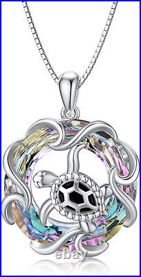 TOUPOP Sterling Silver Turtle Pendant Necklace with Round Circle Crystal Ocean W