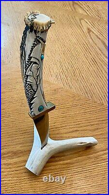 Ted Miller Hunting Fixed Blade Knife Custom Turquoise Stones with Antler Stand