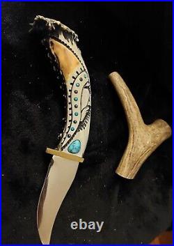 Ted Miller Hunting Knife Turquoise Stones 9 with Antler Stand & Certification