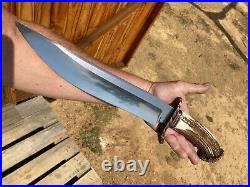 The Frontier Bowie Hunting Bowie Knife Stag Horn Handle With Leather Sheath