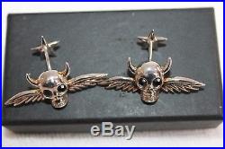Thomas Pink Sterling Silver Winged Skull Cufflinks With Horns And Black Eyes
