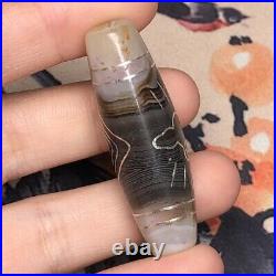 Tibetan Natural Old Agate Dzi Guanyin&Eyes Inlaid with silver Horn Bead M0504