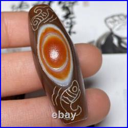 Tibetan Old Agate Dzi Natural Eyes Inlaid with silver Horn Bead Pendant M0117