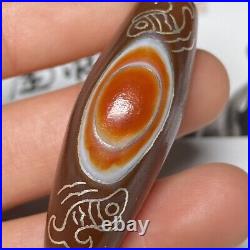 Tibetan Old Agate Dzi Natural Eyes Inlaid with silver Horn Bead Pendant M0117