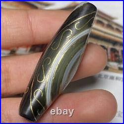 Tibetan Old Agate Dzi Natural Sky Eyes Mantra Inlaid with silver Horn Bead M0118