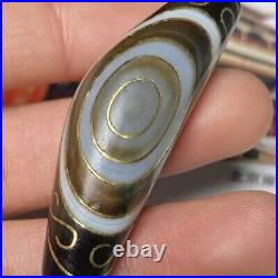 Tibetan Old Agate Dzi Natural Sky Eyes Mantra Inlaid with silver Horn Bead M0118