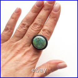 Tribal Buffalo Horn Ring with natural Uzbek Auminza Turquoise in Silver. Size 6