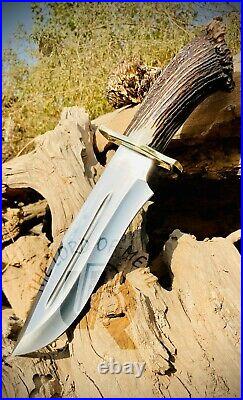 UBK Custom Handmade D2 Steel Hunting Knife with leather sheath stag horn handle