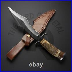 UBR Custom Handmade D2 Steel Hunting Knife with leather sheath stag horn handle