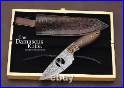 UNIQUE Damascus Steel SKINNER KNIFE With Stag Horn Style Blade+Leather Cover+Box