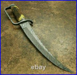 Ubr Custom Handmade Damascus Steel Hunting Bowie Knife With Stag Horn Handle